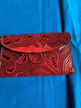Embossed Red Floral Leather Clutch Wallet